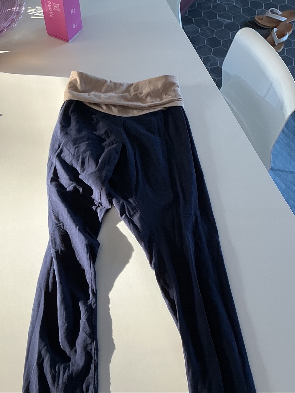 Motherhood Navy Blue Maternity Leggings with Tan Fold-Over Waistband